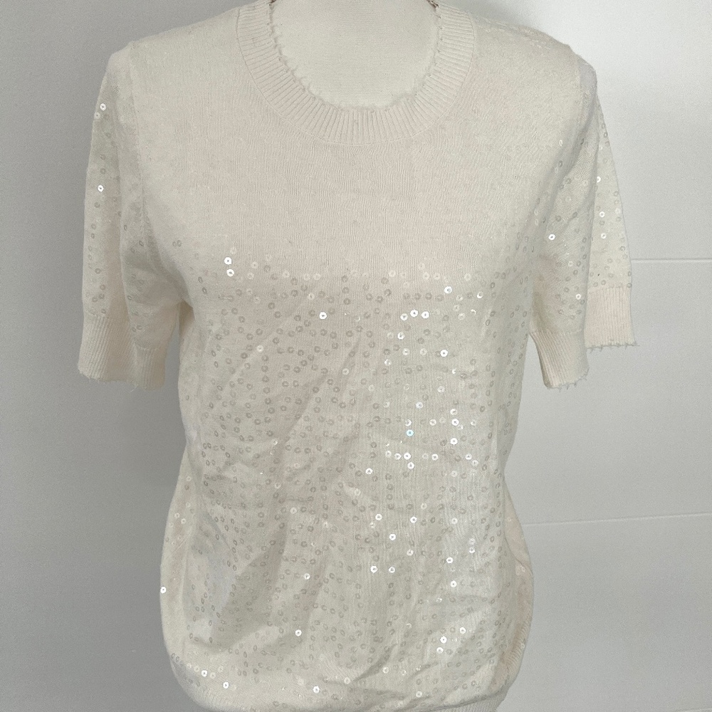 Minnie Rose Off White Sequin Cotton Cashmere Frayed Short Sleeve Top Sweater NWT